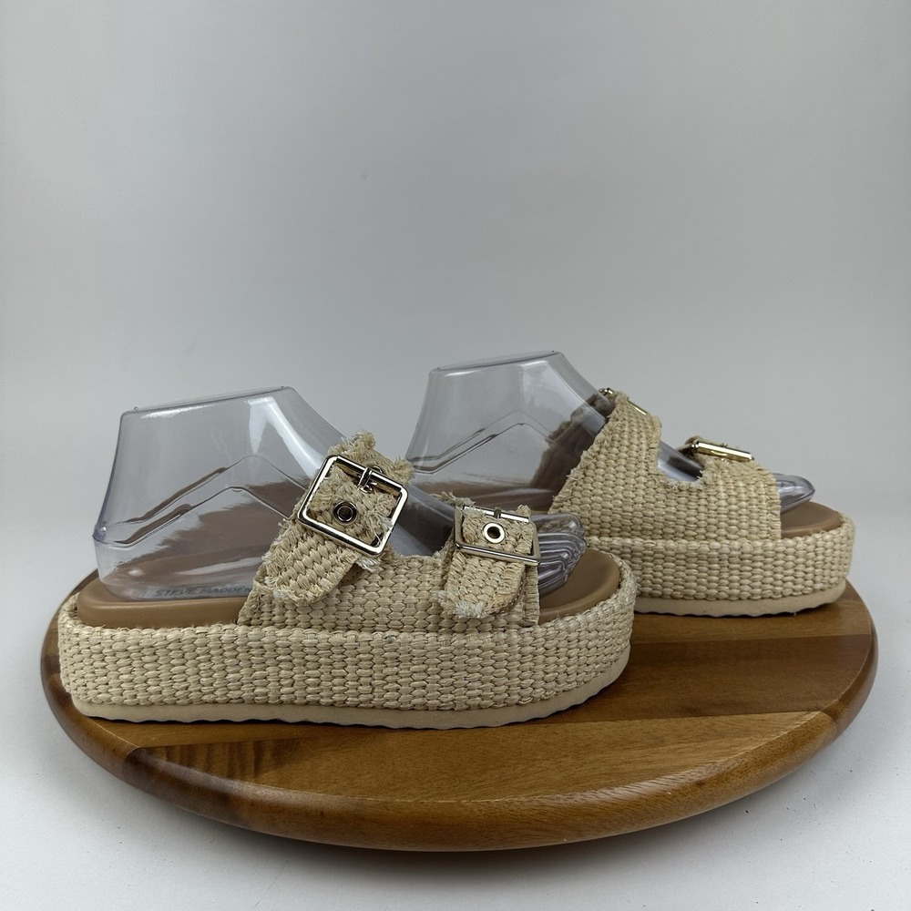 Womens Steve Madden Karrigan Beige Raffia Platform Slides Sandals Size 6.5 M GUC